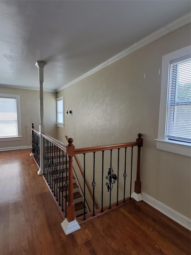 stairway featuring a healthy amount of sunlight, crown molding, baseboards, and wood finished floors