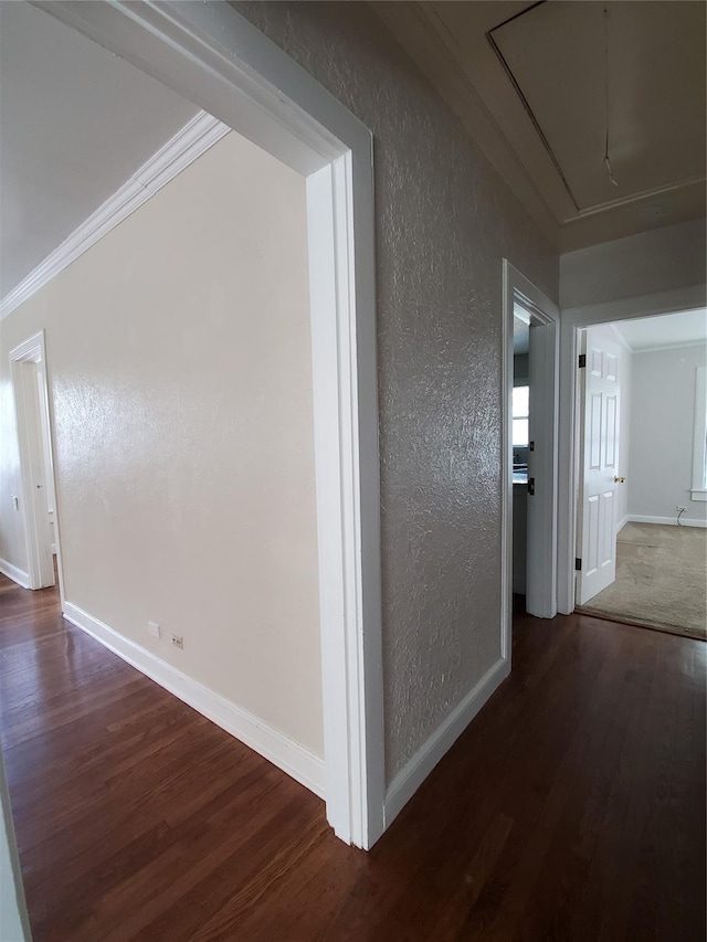 hallway featuring attic access, baseboards, wood finished floors, and a textured wall