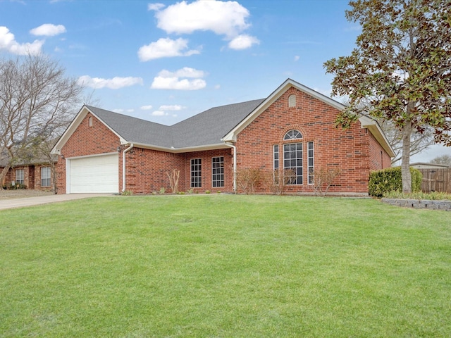 ranch-style home featuring a garage, brick siding, a shingled roof, concrete driveway, and a front lawn