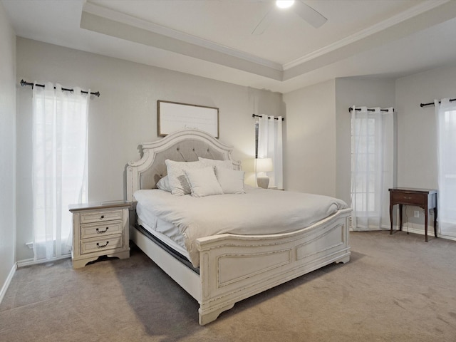 bedroom featuring a raised ceiling, light colored carpet, and multiple windows