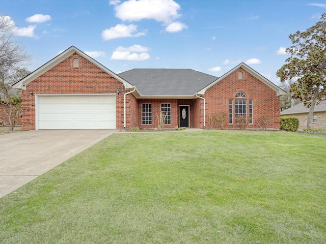 single story home with brick siding, roof with shingles, concrete driveway, an attached garage, and a front yard