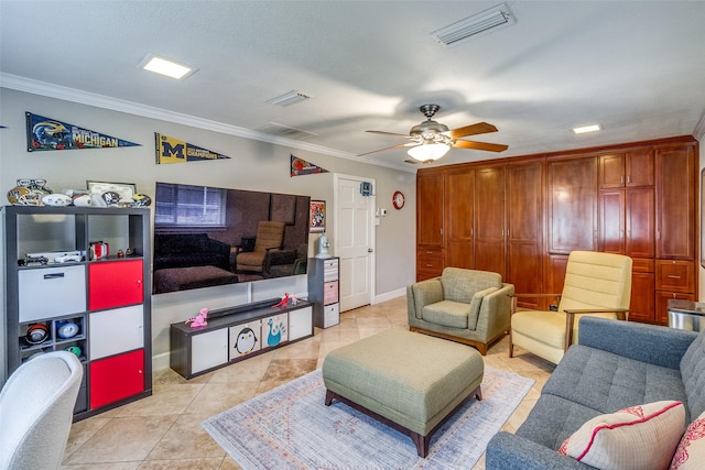 living area with ornamental molding, visible vents, and ceiling fan