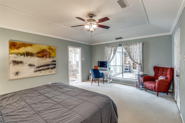 carpeted bedroom with vaulted ceiling, visible vents, and crown molding