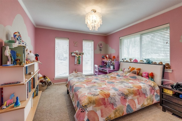 bedroom featuring carpet floors, ornamental molding, and multiple windows