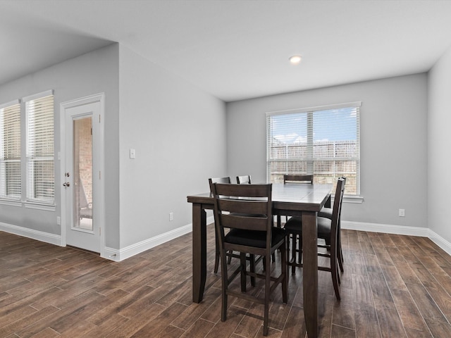 dining room with baseboards and dark wood-type flooring