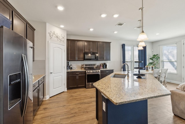 kitchen featuring dark brown cabinetry, light wood finished floors, visible vents, stainless steel appliances, and a sink