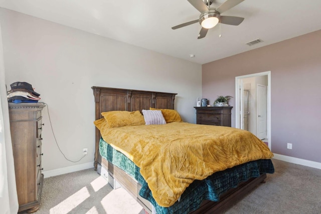 bedroom with light carpet, a ceiling fan, visible vents, and baseboards