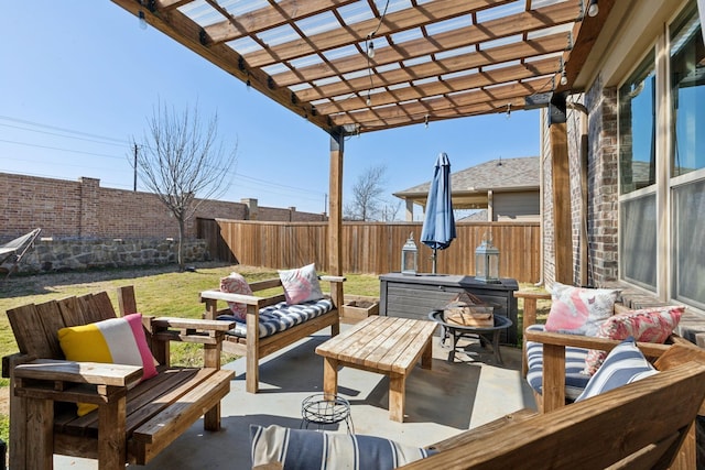 view of patio / terrace with a fenced backyard, outdoor lounge area, and a pergola