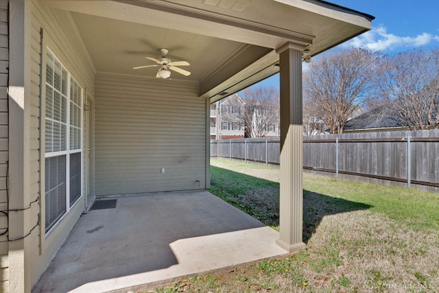 view of patio / terrace featuring a fenced backyard and a ceiling fan