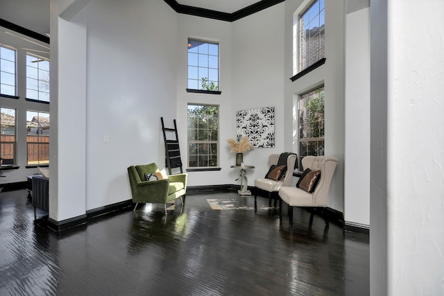 sitting room with crown molding, a high ceiling, baseboards, and wood finished floors