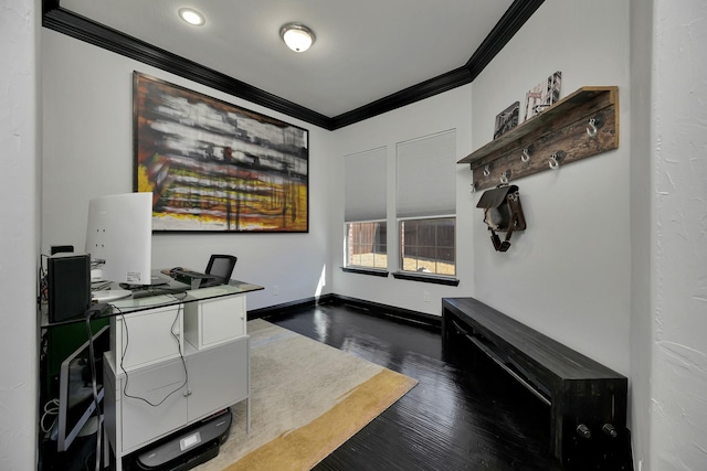 home office with baseboards, dark wood-style flooring, and crown molding