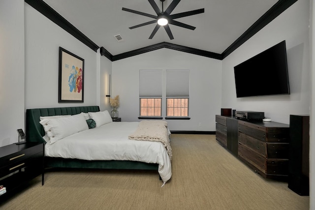 bedroom with light carpet, visible vents, baseboards, ornamental molding, and vaulted ceiling