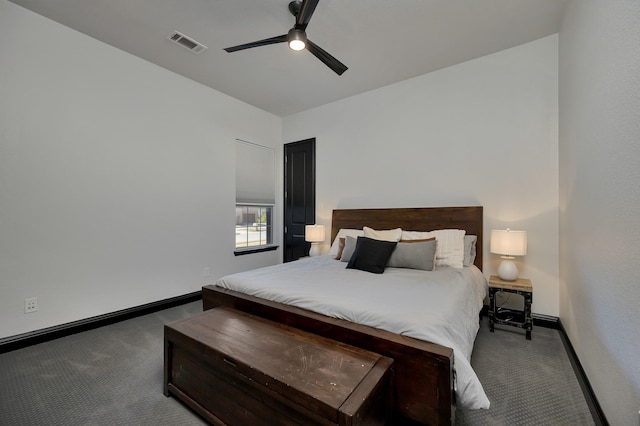 bedroom with carpet, visible vents, ceiling fan, and baseboards