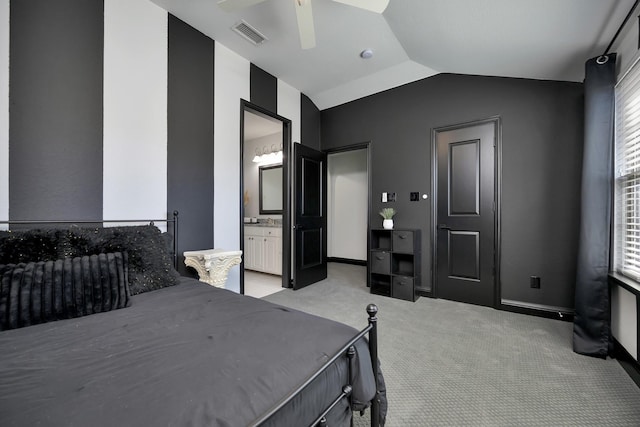 bedroom featuring visible vents, light carpet, vaulted ceiling, ceiling fan, and baseboards