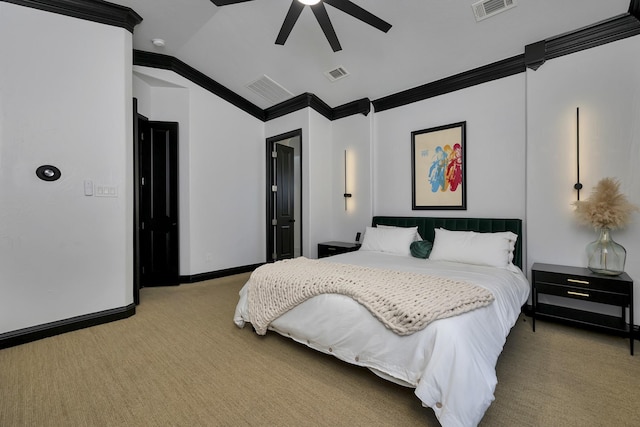 bedroom featuring crown molding, lofted ceiling, visible vents, light carpet, and baseboards