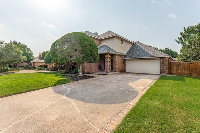 view of front facade with brick siding, driveway, a front lawn, and fence