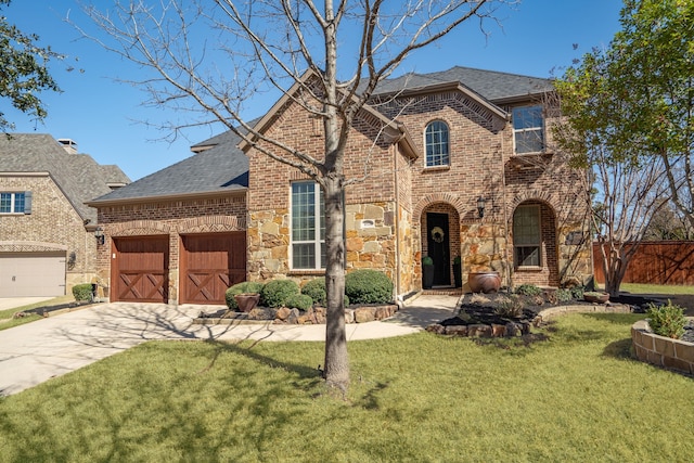 view of front of home with brick siding, roof with shingles, concrete driveway, an attached garage, and a front yard