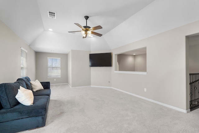 carpeted living area with ceiling fan, recessed lighting, visible vents, baseboards, and vaulted ceiling