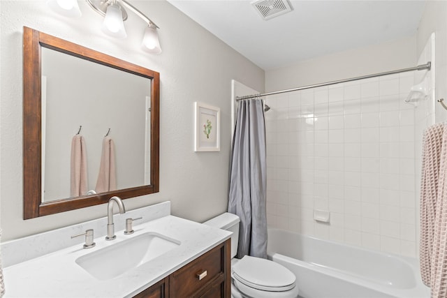 full bath featuring toilet, shower / tub combo, visible vents, and vanity