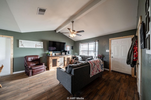 living room with vaulted ceiling with beams, visible vents, ceiling fan, wood finished floors, and baseboards