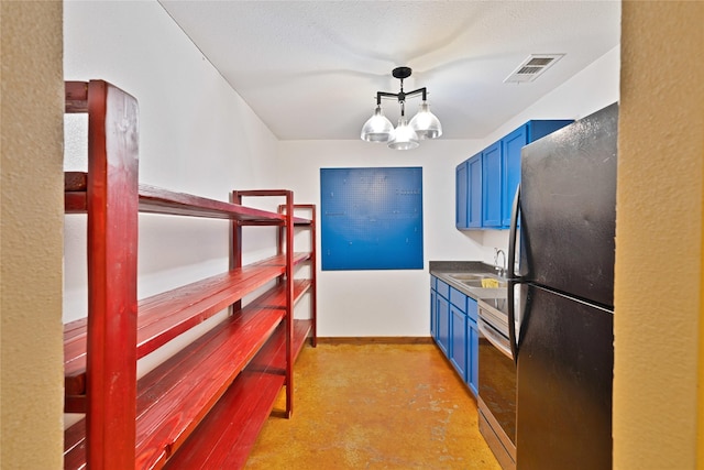 4031 Burleson Retta Rd, Burleson, TX 76028 - kitchen featuring freestanding refrigerator, blue cabinetry, a sink, and stainless steel electric range oven