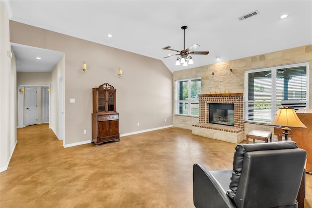 4031 Burleson Retta Rd, Burleson, TX 76028 - living room with a ceiling fan, baseboards, lofted ceiling, a brick fireplace, and recessed lighting