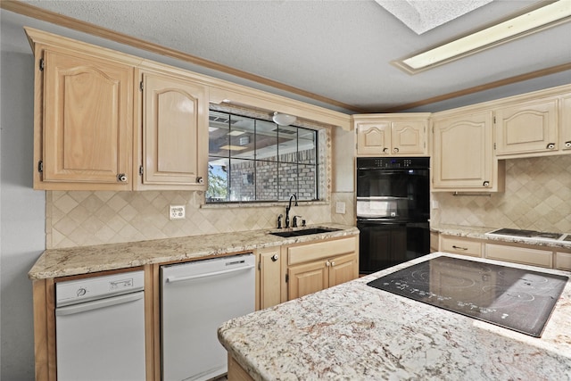 kitchen with black appliances, light brown cabinetry, backsplash, and a sink