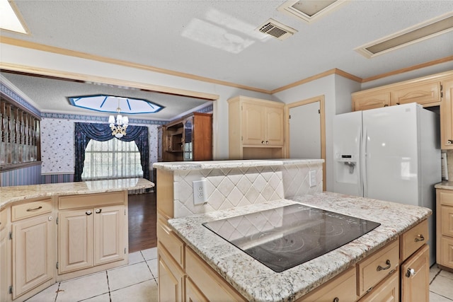 kitchen with white refrigerator with ice dispenser, visible vents, ornamental molding, black electric stovetop, and light brown cabinets