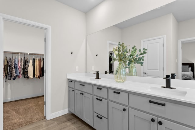 full bathroom with double vanity, a spacious closet, a sink, wood finished floors, and baseboards