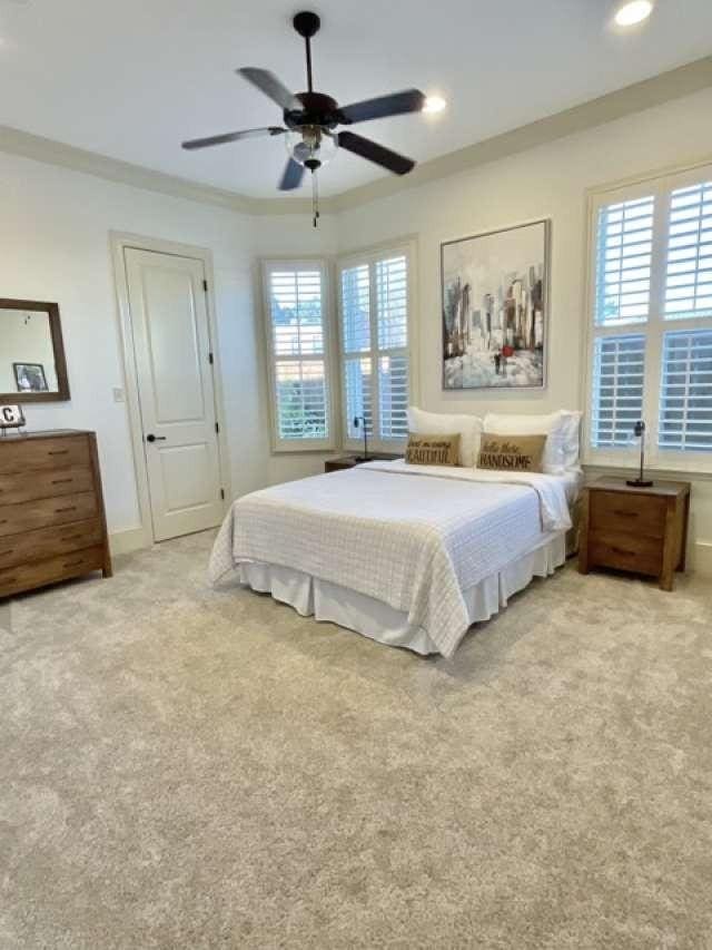 1933 Woodberry Ave, Shreveport, LA 71106 - carpeted bedroom featuring ornamental molding, baseboards, recessed lighting, and a ceiling fan