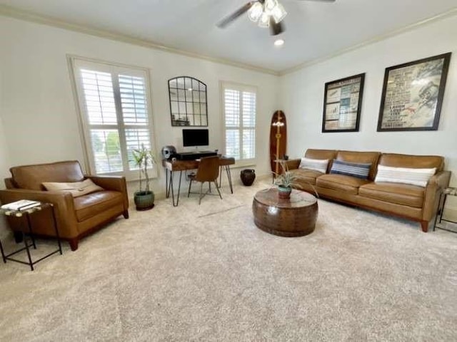 living room with a ceiling fan, carpet, and crown molding