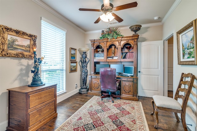 office space featuring ceiling fan, baseboards, dark wood finished floors, and crown molding