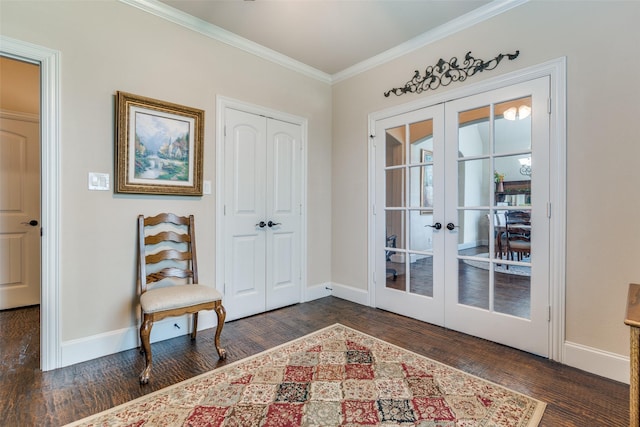 entryway featuring baseboards, french doors, dark wood finished floors, and crown molding