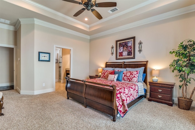 bedroom featuring baseboards, recessed lighting, carpet, and crown molding