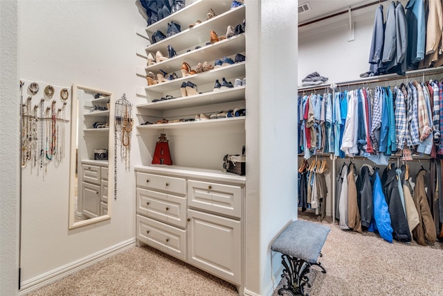 spacious closet with light carpet and visible vents