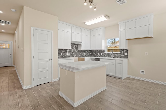 kitchen featuring tasteful backsplash, wood finish floors, a sink, and visible vents