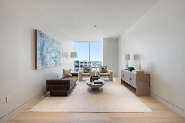 living area with baseboards, a wall of windows, and light wood-style floors