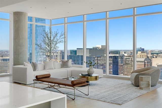 living area with a view of city, a wall of windows, and wood finished floors