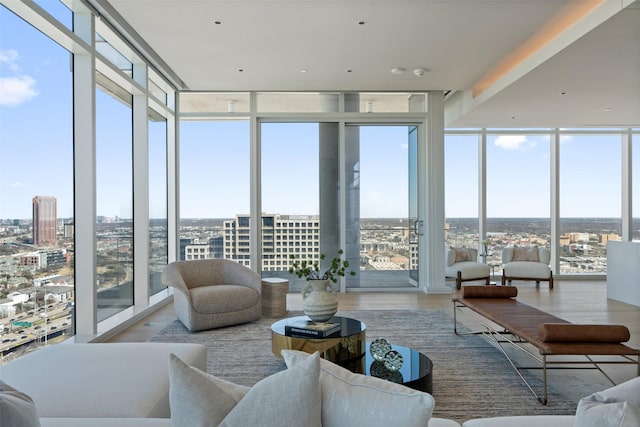 sunroom with a city view