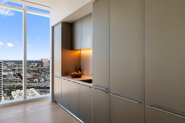 kitchen with gray cabinetry, a city view, light wood-style floors, a wall of windows, and modern cabinets