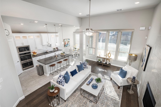 living area with wood finished floors, visible vents, and baseboards