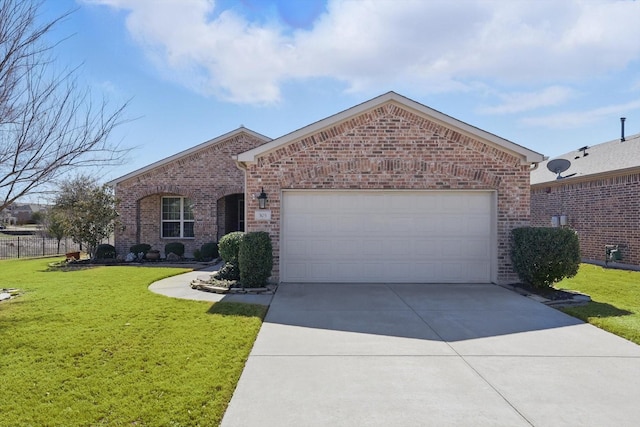 single story home with driveway, an attached garage, a front lawn, and brick siding