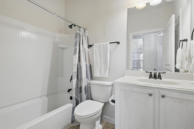 full bath featuring toilet, shower / bath combination with curtain, and vanity