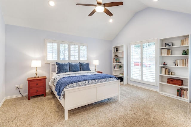 carpeted bedroom featuring lofted ceiling, baseboards, and recessed lighting