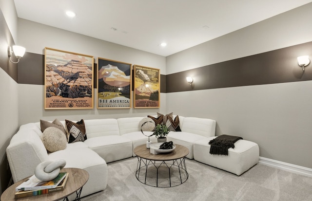 living area with carpet floors, recessed lighting, and baseboards