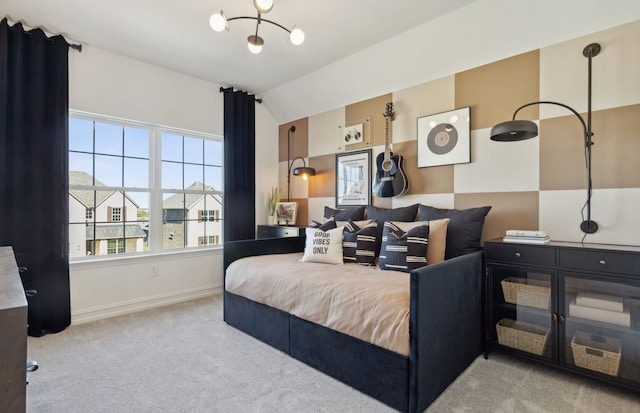 bedroom featuring carpet, vaulted ceiling, and baseboards