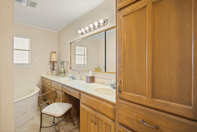 bathroom featuring double vanity, a sink, a bath, and crown molding