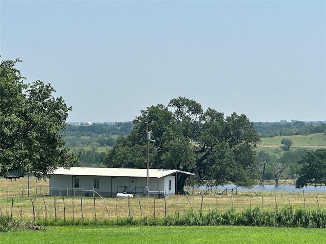 view of yard featuring a fenced front yard and a water view