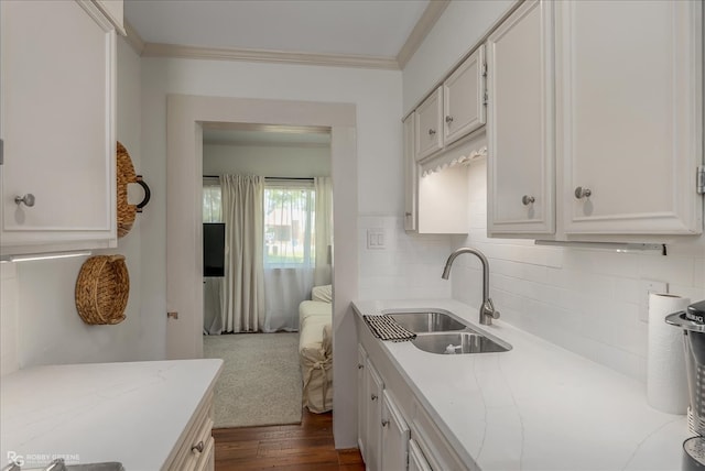 kitchen with tasteful backsplash, dark wood finished floors, crown molding, white cabinetry, and a sink