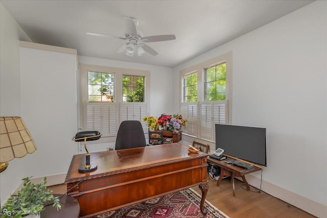 home office with ceiling fan, wood finished floors, and baseboards